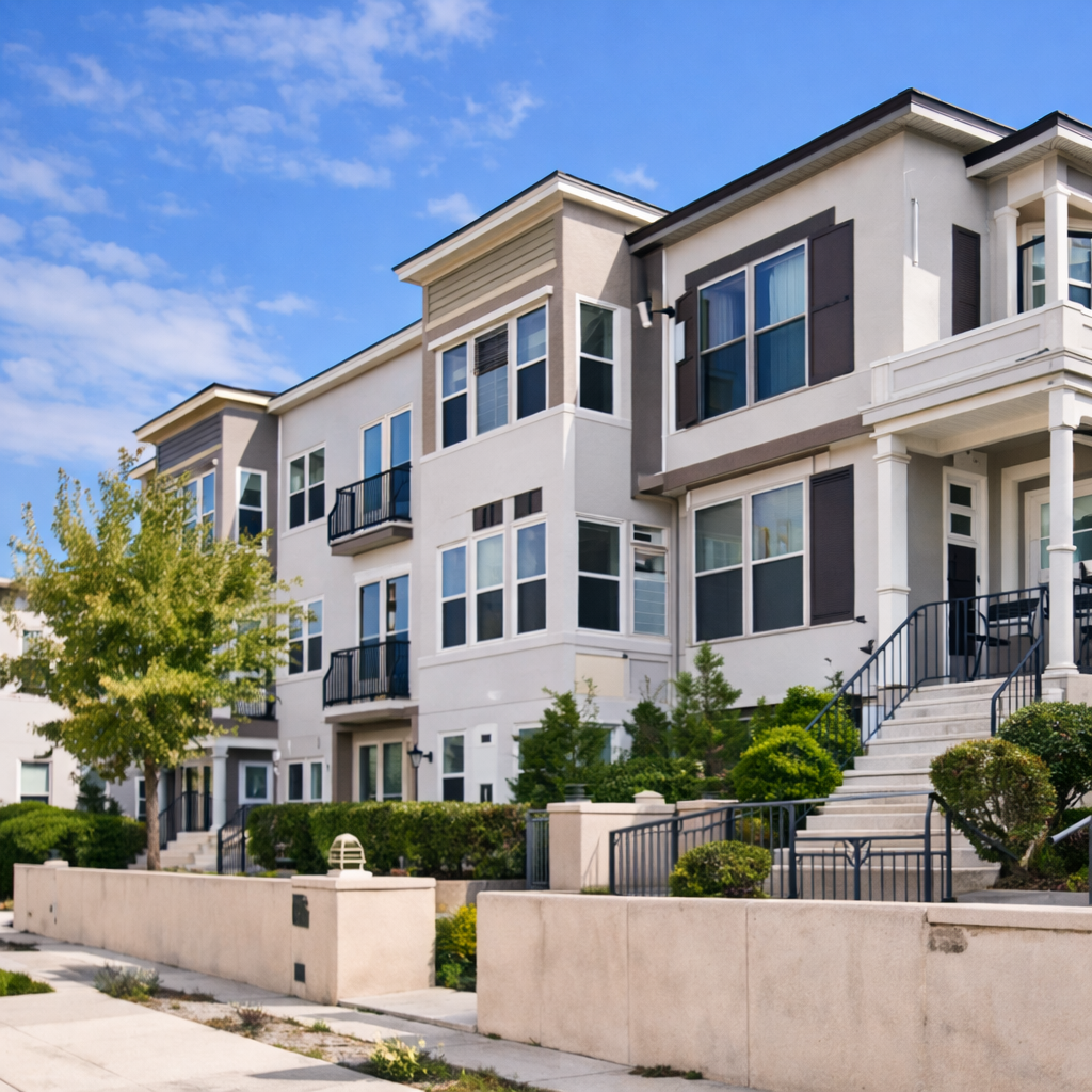 A row of modern, multi-story townhouses with large windows, balconies, and landscaped greenery under a blue sky showcases the quality and innovation of Exterior Systems Construction Los Angeles.