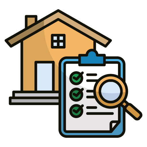 Building Envelope Testing & Moisture Analysis House icon with a clipboard checklist and magnifying glass, representing building envelope testing and moisture analysis.
