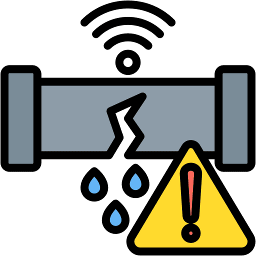 Roof Leak Detection & Diagnostic Testing Leaking pipe icon with a yellow warning triangle, representing roof leak detection and diagnostic testing.