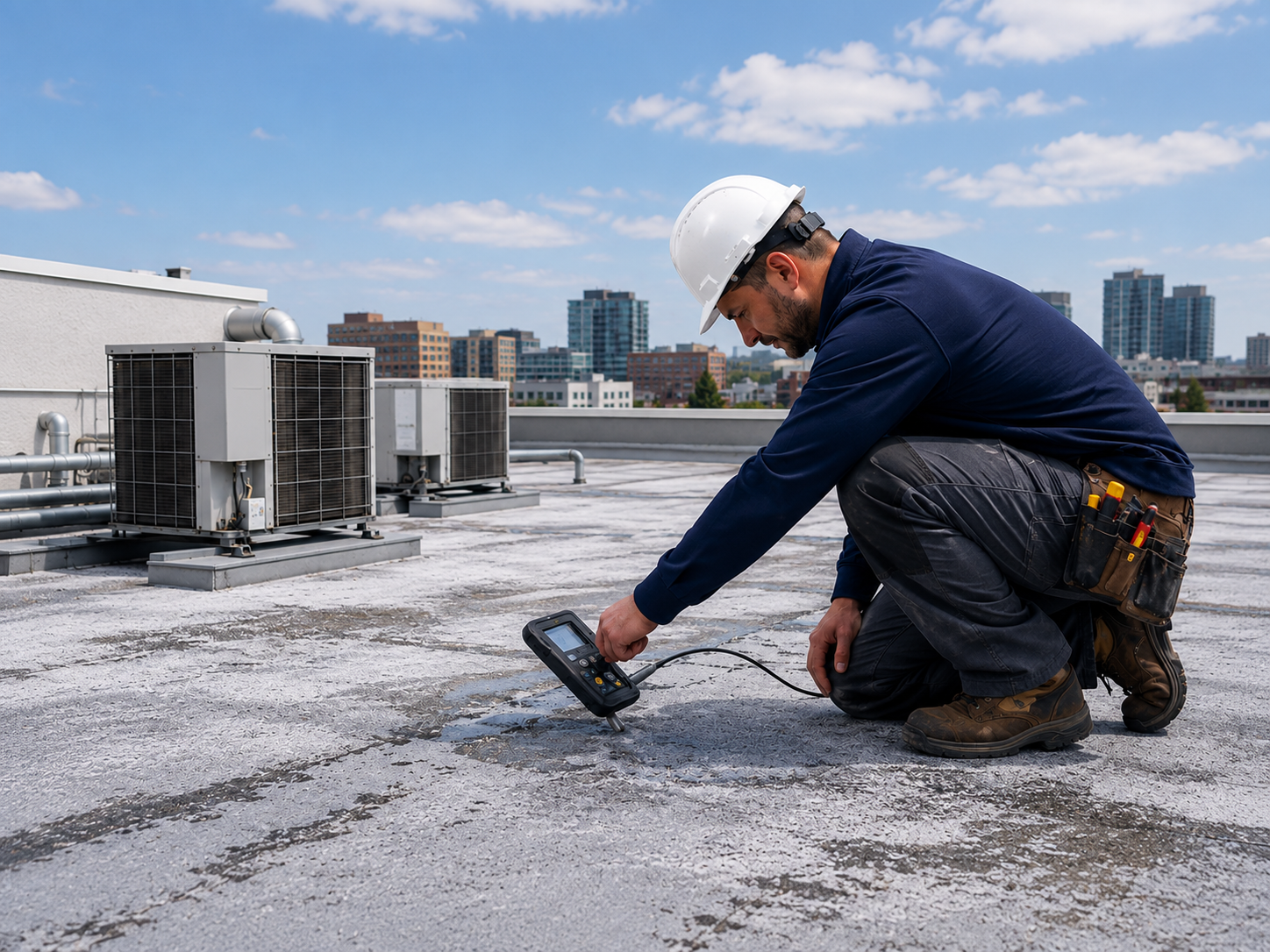A worker in a hard hat kneels on a rooftop, using a handheld device to inspect the surface. HVAC units are visible nearby, with a city skyline in the background under a partly cloudy sky.