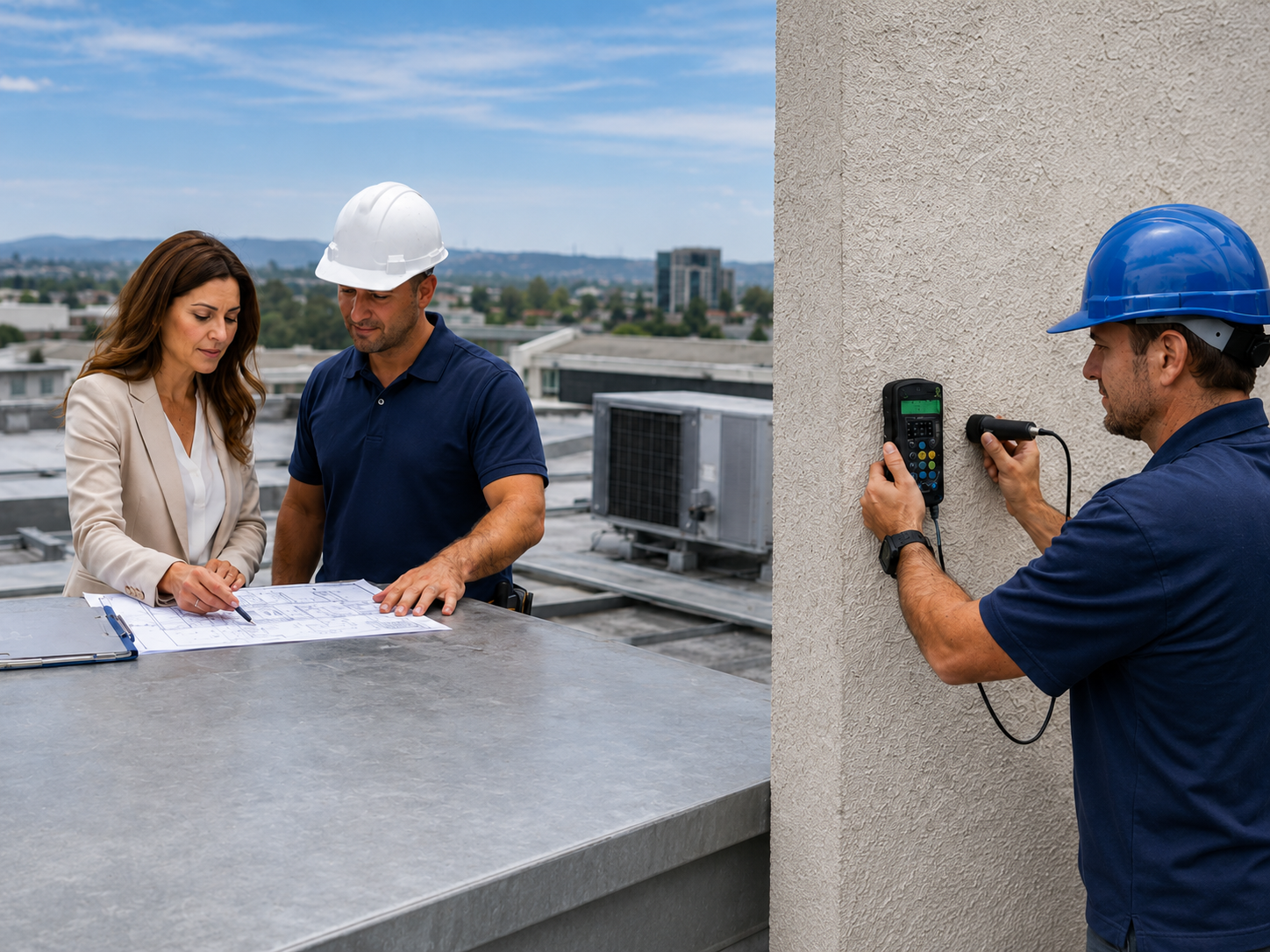 Three people at a rooftop construction site: a woman and a man review blueprints on a metal surface, while another man in a blue helmet uses a handheld device to test a wall. HVAC units and city buildings are visible in the background.