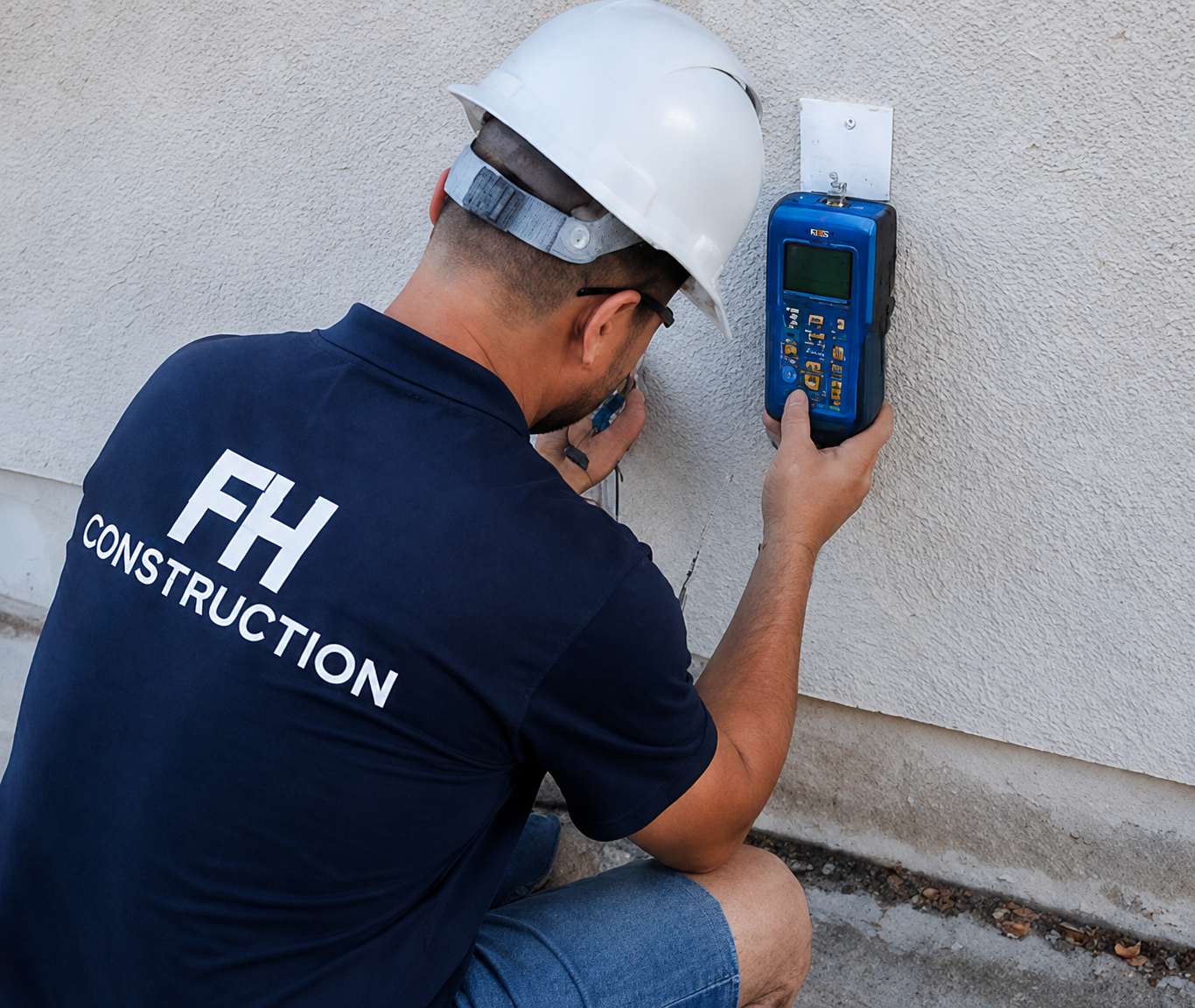 A construction worker in a hard hat and FH CONSTRUCTION shirt, specializing in Exterior Systems Construction Los Angeles, uses a blue electronic device against a beige wall outdoors.
