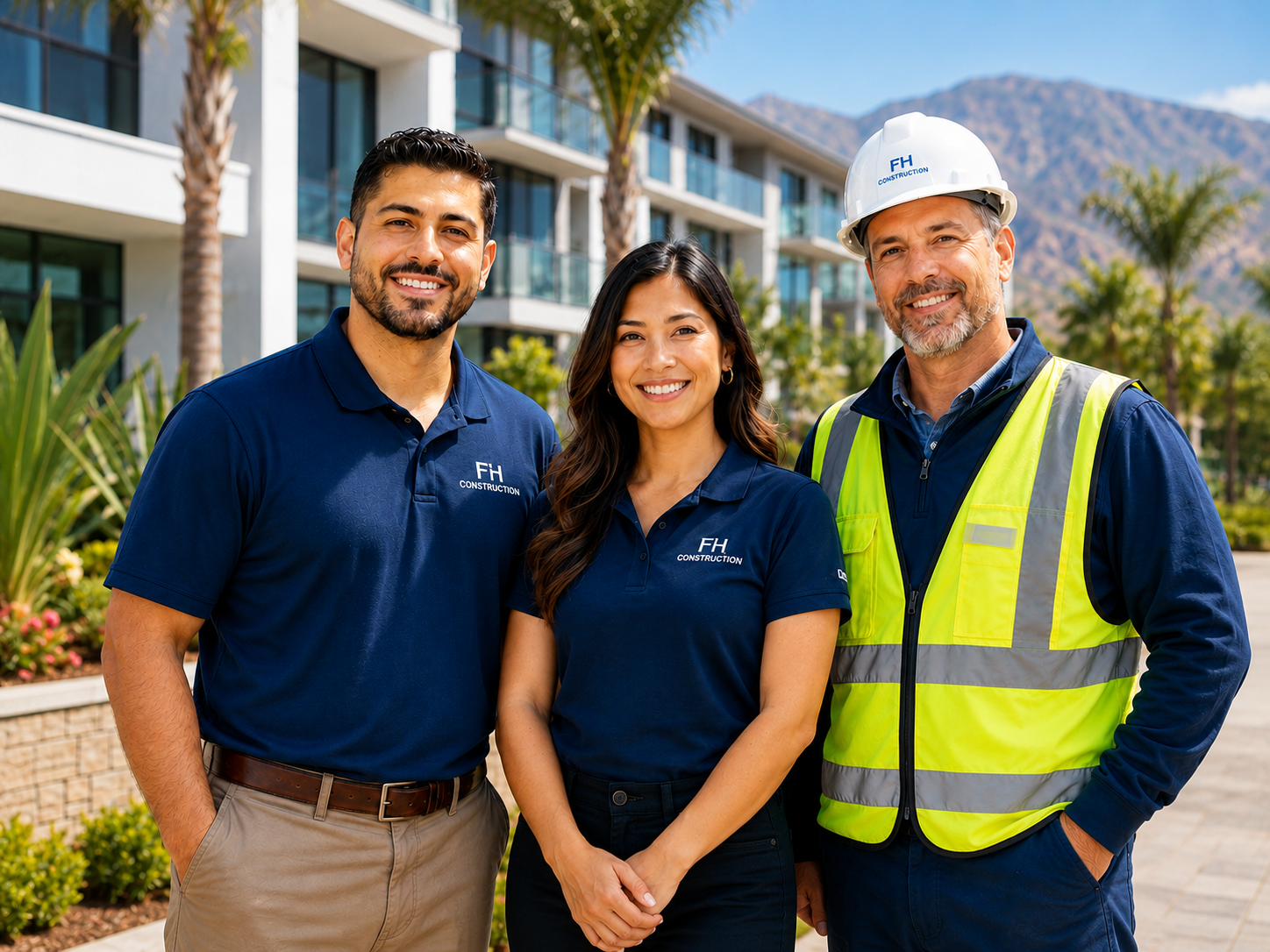 Three smiling construction professionals stand outdoors. Two wear navy FH Construction shirts, and one wears a hard hat and reflective vest. Palm trees and a modern building are visible in the background, highlighting the team’s expertise in Exterior Systems Construction Los Angeles.